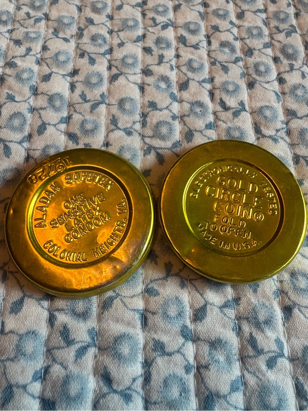 Vintage Gold Circle Coin Condoms Safetex Aladan Colonial Heights VA 2 Pc Lot
